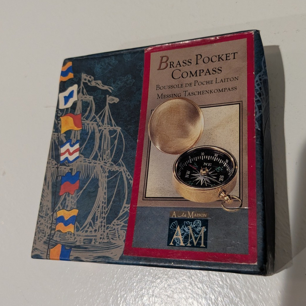 A La Maison Brass Pocket Compass Nautical Theme with Box Case-working
